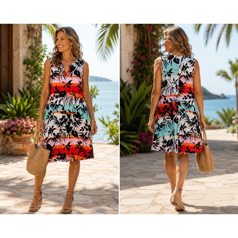 Chico's 2 Tropical Palm Print Sleeveless Dress Women L/12 Multi Color Resort
